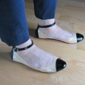 Steven Madden Gabriele Nude Patent Leather Black Cap toe Ankle Strap Sz9.5 Flats